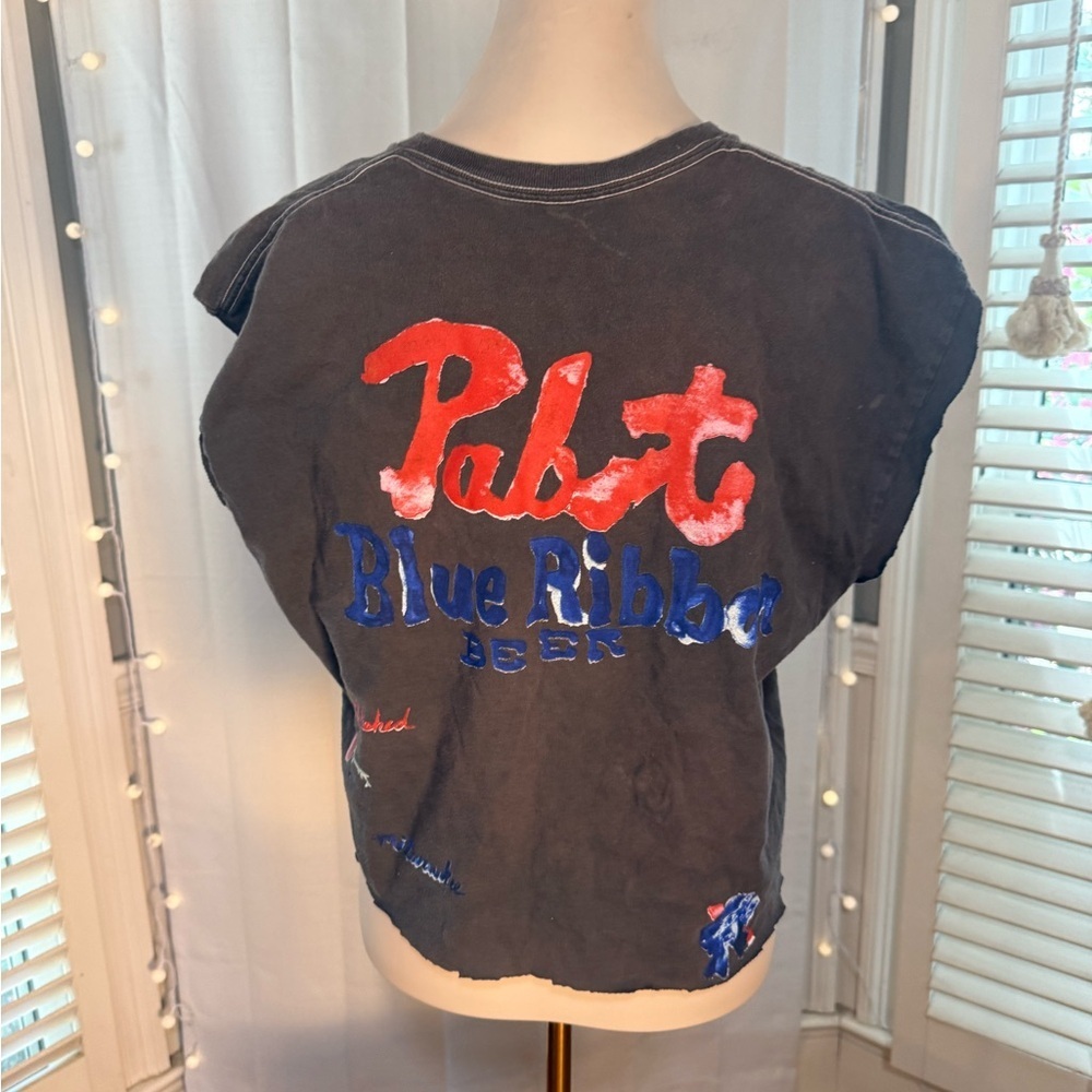 Hand Painted Pabst Blue Ribbon Beer Distressed Crop Tee Festival Grunge Biker